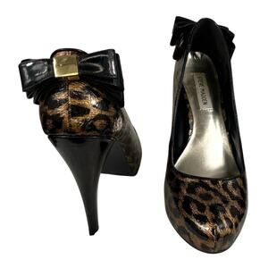 STEVE MADDEN Black Leopard Faux Patent Leather Stiletto Heel Pumps 8/8.5 Bows‎